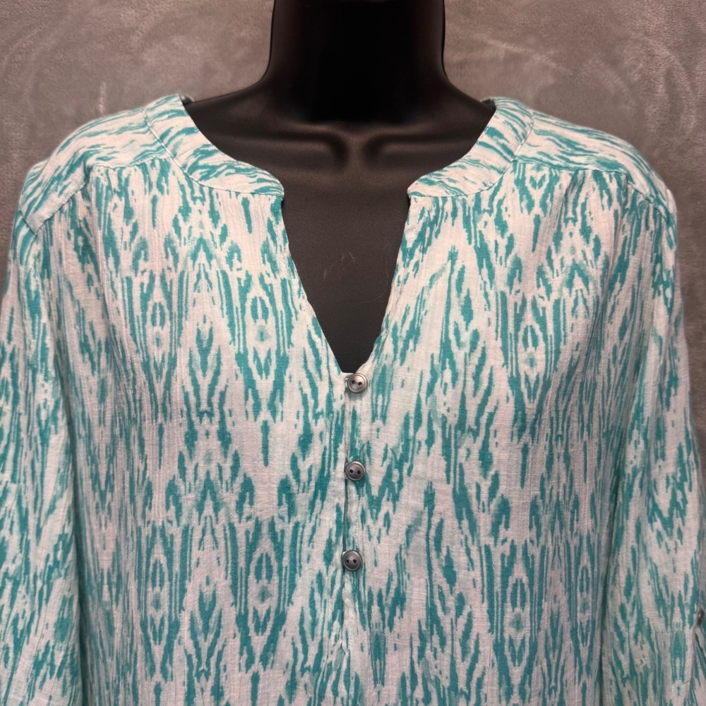 Kim Rogers Curvy Womens 1X Teal White Tunic Blouse Roll Tab 3/4 Sleeve High-Low - Picture 4 of 9